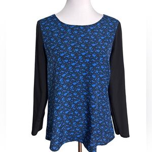 LOFT Blue Patterned Blouse Black Sleeves